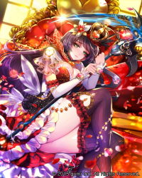 Rule 34 | 1girl, black hair, black thighhighs, blush, breasts, cleavage, closed mouth, company name, eu (euspia), flower, green eyes, hair flower, hair ornament, heart, holding, holding staff, large breasts, looking at viewer, lying, maboroshi juuhime, on side, solo, staff, thighhighs