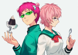 Rule 34 | 1boy, 1girl, antennae, asada hachi, back-to-back, bow, bowtie, breasts, closed mouth, collared shirt, commentary, dual persona, floating, floating object, food, genderswap, genderswap (mtf), glass, glasses, green-tinted eyewear, green jacket, green sailor collar, grey background, holding, holding spoon, jacket, looking at viewer, pink hair, purple eyes, red bow, red neckwear, saiki kusuko, saiki kusuo, saiki kusuo no psi nan, sailor collar, school uniform, serafuku, shirt, short hair, simple background, spoon, telekinesis, tinted eyewear, upper body, white shirt