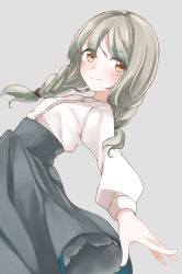 Rule 34 | 1girl, black skirt, blush, braid, breasts, brown eyes, closed mouth, collared shirt, comah, dress shirt, dutch angle, grey background, grey hair, highres, long hair, long sleeves, low twintails, original, puffy long sleeves, puffy sleeves, shirt, simple background, skirt, small breasts, smile, solo, twin braids, twintails, white shirt