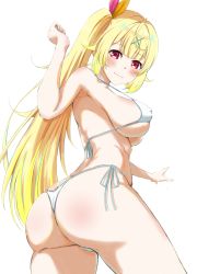 Rule 34 | 1girl, armpits, ass, bare arms, bare shoulders, bikini, blonde hair, blue hair, blue ribbon, blush, breasts, butt crack, closed mouth, commentary request, covered erect nipples, cowboy shot, from behind, hair ornament, hair ribbon, halterneck, hand up, highres, hoshikawa sara, large breasts, long hair, looking at viewer, looking back, multicolored hair, nijisanji, porontyo 07, ribbon, side-tie bikini bottom, side ponytail, simple background, smile, solo, strap gap, streaked hair, string bikini, swimsuit, thighs, two-tone hair, underboob, very long hair, virtual youtuber, white background, white bikini, x hair ornament