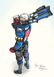 Rule 34 | 1boy, boots, clothes writing, energy gun, gloves, grey hair, gun, highres, jacket, looking back, male focus, mask, mouth mask, north abyssor, old, old man, overwatch, overwatch 1, pants, rifle, scar, sketch, soldier: 76 (overwatch), solo, visor, weapon