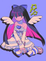 Rule 34 | 1girl, :o, angel wings, artist name, bare shoulders, black hair, blue bow, blue eyes, blunt bangs, bow, choker, detached sleeves, dress, drop shadow, film grain, frilled choker, frilled dress, frills, full body, hair bow, highres, menma (enaic31), multicolored hair, nail polish, panty &amp; stocking with garterbelt, pink hair, purple background, sandals, simple background, sitting, sleeves past wrists, solo, spaghetti strap, star (symbol), stocking (psg), streaked hair, striped clothes, striped thighhighs, thighhighs, toenail polish, toenails, twitter username, two-tone hair, white choker, white dress, wings