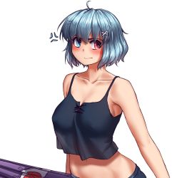 Rule 34 | &gt;:t, 1girl, :t, alternate costume, anger vein, angry, arms at sides, bare arms, bare shoulders, blue eyes, blue hair, blush, breasts, collarbone, crop top, crop top overhang, covered erect nipples, hater (hatater), heterochromia, highres, holding, holding umbrella, karakasa obake, looking at viewer, medium breasts, midriff, navel, pout, red eyes, short hair, simple background, solo, standing, stomach, tatara kogasa, touhou, umbrella, upper body, v-shaped eyebrows, white background
