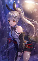 Rule 34 | 1girl, armband, bare shoulders, blouse, crescent, crescent earrings, crescent moon, detached sleeves, earrings, five-seven (girls&#039; frontline), fn five-seven, frills, girls&#039; frontline, gun, hair ornament, hair ribbon, hairclip, handgun, highres, jacket, jewelry, miniskirt, moon, off shoulder, outdoors, own hands together, pdw-caliber pistol, pistol, pleated skirt, ponytail, rabbit hair ornament, rerin (rerin913), ribbon, serious, shirt, silver hair, skirt, sleeveless, sleeveless shirt, sparkle, thigh strap, weapon, yellow eyes
