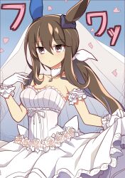Rule 34 | 1girl, admire vega (umamusume), animal ears, armpits, bare shoulders, blue background, breasts, bridal veil, brown eyes, brown hair, cleavage, closed mouth, collarbone, dress, ear covers, flower, frilled dress, frills, gloves, hair between eyes, hair ornament, highres, horse ears, horse girl, jewelry, lifting own clothes, looking at viewer, low ponytail, medium breasts, necklace, petals, ponytail, simple background, single ear cover, solo, umamusume, veil, wahiko (black bastard), wedding dress, white dress, white gloves