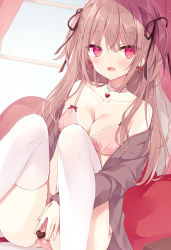 Rule 34 | 1girl, :d, bare shoulders, between fingers, black jacket, black ribbon, blush, bow, bow bra, bra, breasts, brown hair, chocolate, choker, cleavage, collarbone, commentary, curtains, fang, feet out of frame, food, hair between eyes, hair ribbon, heart, heart choker, highres, holding, holding food, hoshi (snacherubi), jacket, knees up, long hair, long sleeves, looking at viewer, medium breasts, off shoulder, open clothes, open jacket, open mouth, original, panties, pink bra, pink choker, pink panties, red bow, red eyes, ribbon, sitting, sleeves past wrists, smile, solo, symbol-only commentary, thighhighs, two side up, underwear, very long hair, white thighhighs, window