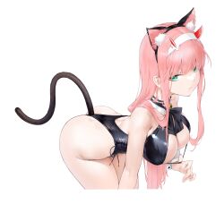 Rule 34 | 1girl, absurdres, alternate costume, animal ears, ass, bell, bent over, black leotard, breasts, cat ears, cat tail, darling in the franxx, fake animal ears, fake tail, green eyes, highres, horns, janload1ng, jingle bell, large breasts, leotard, long hair, looking at viewer, neck bell, pink hair, red horns, simple background, solo, tail, white background, zero two (darling in the franxx)