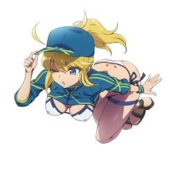Rule 34 | 1girl, ;o, ahoge, artoria pendragon (fate), ass, baseball cap, bikini, blonde hair, blue eyes, blue hat, blue jacket, breasts, covered erect nipples, cropped jacket, crossed ankles, dimples of venus, fate/grand order, fate (series), floating, hair between eyes, hair through headwear, hairu, hat, jacket, large breasts, long hair, mysterious heroine x (fate), mysterious heroine xx (fate), one eye closed, ponytail, sandals, shrug (clothing), side-tie bikini bottom, simple background, solo, swimsuit, thigh strap, white background, white bikini, wristband, zipper pull tab