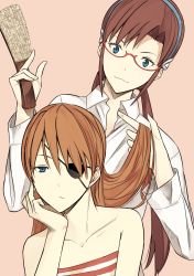 Rule 34 | 10s, 2girls, :3, alternate costume, annoyed, bare arms, bare shoulders, blue eyes, blue hairband, bored, brown hair, collarbone, collared shirt, evangelion: 3.0 you can (not) redo, eyepatch, gainax, glasses, grabbing another&#039;s hair, hair brush, hair down, hairband, hairdressing, hand up, hands up, head rest, head tilt, highres, long hair, long sleeves, looking at another, looking at viewer, looking down, makinami mari illustrious, marakimi, multiple girls, nakamura (marakimi), neck, neon genesis evangelion, open clothes, open shirt, orange hair, pink background, rebuild of evangelion, red-framed eyewear, red tube top, serious, shirt, simple background, smile, souryuu asuka langley, strapless, striped, striped tubetop, tube top, twintails, upper body, white shirt, white tube top