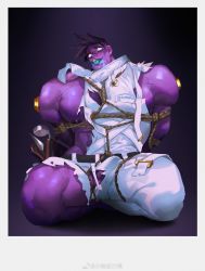 Rule 34 | 1boy, abs, absurdres, bara, bare pectorals, bare shoulders, bulge, colored skin, colored tongue, dr. mundo, erection, erection under clothes, green tongue, highres, kneeling, large pectorals, league of legends, male focus, muscular, muscular male, nipples, no pupils, pectorals, penis, penis peek, purple skin, rope, shibari, short hair, sidepec, small head, solo, spiked hair, thick thighs, thighs, xiaolumiaoliya