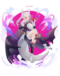 Rule 34 | 1girl, absurdres, animal ears, animal hands, apple, artist name, fire emblem, fire emblem awakening, fire emblem heroes, food, fruit, full body, fur trim, gloves, grima (fire emblem), halloween costume, highres, holding, inkanii, nintendo, open mouth, paw gloves, red eyes, robin (female) (fire emblem), robin (fire emblem), shorts, solo, tail, twintails, white hair, wolf ears, wolf tail
