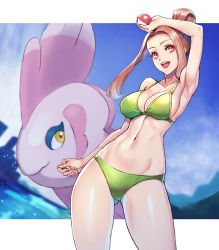 Rule 34 | 1girl, :d, alomomola, arm up, armpits, bare shoulders, bikini, blue sky, breasts, brown eyes, brown hair, cleavage, clenched hand, cloud, collarbone, commentary request, cowboy shot, creatures (company), game freak, gen 5 pokemon, gluteal fold, green bikini, groin, hair bun, highres, holding, holding poke ball, looking at viewer, midriff, navel, nintendo, npc trainer, ocean, open mouth, parted bangs, poke ball, poke ball (basic), pokemon, pokemon (creature), pokemon bw, single hair bun, sky, smile, standing, swimmer (pokemon), swimsuit, teeth, upper teeth only, yasu suupatenin
