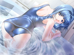 Rule 34 | 00s, 1girl, ass, back, blue eyes, blue hair, from behind, game cg, hair intakes, hiiro yuki, kneeling, leaning forward, looking back, matching hair/eyes, one-piece swimsuit, open mouth, school swimsuit, sena shiori, shadow, shiny clothes, short hair, solo, swimsuit, trefoil, wading, water, wet, yuuguu settai
