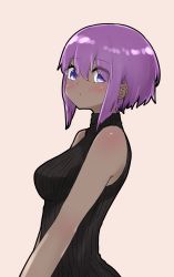 Rule 34 | 1girl, bare arms, bare shoulders, black sweater, blush, breasts, brown background, closed mouth, dark-skinned female, dark skin, eyes visible through hair, fate/prototype, fate/prototype: fragments of blue and silver, fate (series), hair between eyes, hassan of serenity (fate), i.u.y, medium breasts, purple eyes, purple hair, ribbed sweater, simple background, sleeveless, sleeveless sweater, sleeveless turtleneck, solo, sweater, turtleneck, turtleneck sweater