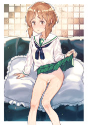 Rule 34 | 10s, 1girl, arm support, bar censor, blouse, blush, bow, bow panties, brown eyes, brown hair, censored, closed mouth, clothes lift, couch, embarrassed, female pubic hair, frilled pillow, frills, girls und panzer, green skirt, indoors, long sleeves, looking to the side, miniskirt, neckerchief, nishizumi miho, no panties, ooarai school uniform, panties, pillow, pleated skirt, pubic hair, school uniform, self exposure, serafuku, shirt, short hair, sitting, skirt, skirt lift, solo, subachi, sweat, sweatdrop, tan, tanline, underwear, wavy mouth, white shirt