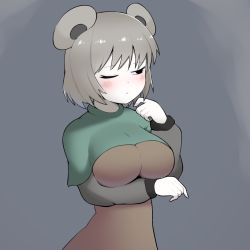 Rule 34 | 1girl, animal ears, arm under breasts, black eyes, blush, breasts, brown dress, capelet, closed mouth, colored skin, cookie (touhou), cowboy shot, dress, expressionless, green capelet, grey background, grey hair, grey shirt, impossible clothes, impossible dress, large breasts, madore, mouse ears, mouse girl, nazrin, nyon (cookie), one eye closed, shirt, short hair, simple background, solo, touhou, white skin