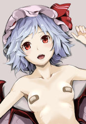 Rule 34 | 1girl, bandaid, bandaids on nipples, bat wings, breasts, close-up, collarbone, eyebrows, fangs, hat, hat ribbon, kuroto2009, looking at viewer, lying, mob cap, nude, on back, open mouth, pasties, red eyes, red ribbon, remilia scarlet, ribbon, short hair, slit pupils, small breasts, solo, tongue, touhou, upper body, wings