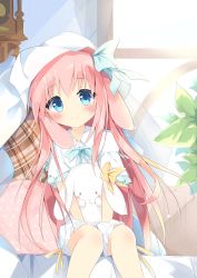Rule 34 | 1girl, animal ears, bloomers, blue eyes, blush, bow, rabbit ears, closed mouth, commentary request, day, ears down, floppy ears, green bow, hair bow, highres, indoors, kushida you, leaning forward, long hair, original, pillow, pink hair, plaid, polka dot, ribbon-trimmed sleeves, ribbon trim, shirt, short sleeves, sitting, smile, solo, stuffed animal, stuffed rabbit, stuffed toy, sunlight, underwear, v arms, very long hair, white bloomers, white shirt, window, yellow bow