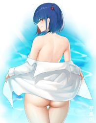 Rule 34 | 1girl, ass, bad id, bad pixiv id, blue hair, blush, breasts, choker, epomeno, from behind, highres, looking at viewer, looking back, mole, mole under eye, naked shirt, original, red eyes, shirt, short hair, smile, solo, undressing