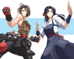 Rule 34 | 2girls, absurdres, anagumasan, breasts, capcom, fighting stance, gloves, headband, highres, japanese clothes, justice gakuen, kazama akira, long hair, multiple girls, ryuuko no ken, short hair, sleeveless, small breasts, snk, street fighter, the king of fighters, todoh kasumi