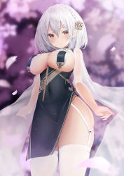Rule 34 | 1girl, azur lane, blush, braid, breast curtains, breasts, china dress, chinese clothes, dress, flower, garter straps, hair between eyes, hair flower, hair ornament, highres, large breasts, looking at viewer, parted lips, pelvic curtain, red eyes, revealing clothes, short hair, sirius (azur lane), sirius (azure horizons) (azur lane), solo, thighhighs, white hair, white thighhighs, yk (pixiv43531291)
