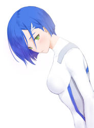 Rule 34 | 1girl, blue hair, blush, bob cut, bodysuit, breasts, closed mouth, commentary request, darling in the franxx, from side, green eyes, hair ornament, hairclip, ichigo (darling in the franxx), large breasts, looking at viewer, looking to the side, medium hair, simple background, siun, solo, white background, white bodysuit