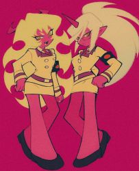 Rule 34 | 2girls, armband, belt, black footwear, buttons, colored skin, demon horns, fangs, film grain, full body, glasses, hand on own hip, horns, jacket, kneesocks (psg), limited palette, long hair, looking at viewer, miniskirt, multiple girls, necktie, official style, panty &amp; stocking with garterbelt, parody, pikurusu, pink background, pink skin, pointy ears, ponytail, red necktie, scanty (psg), shoes, siblings, simple background, sisters, skirt, standing, symbol-only commentary, uniform, very long hair, yellow eyes