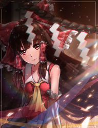 Rule 34 | 1girl, absurdres, bow, breasts, brown hair, chromatic aberration, cleavage, collarbone, detached sleeves, floating hair, hair between eyes, hair bow, hair tubes, hakurei reimu, highres, long hair, looking at viewer, neckerchief, red eyes, red shirt, shirt, sleeveless, sleeveless shirt, small breasts, smile, solo, swept bangs, ten no hoshi, touhou, upper body, very long hair, yellow neckerchief