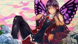 Rule 34 | 1boy, player character (mabinogi), bad id, bad pixiv id, black hair, bug, butterfly, butterfly wings, character request, detached sleeves, dripping, flower, highres, hydrangea, insect, insect wings, kimpeul, leaning, mabinogi, male focus, pointy ears, red eyes, sleeves past wrists, solo, wet, wings