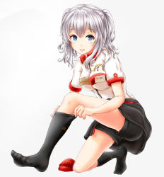 Rule 34 | 10s, 1girl, adjusting clothes, adjusting legwear, black legwear, blue eyes, feet, highres, kantai collection, kashima (kancolle), long hair, looking at viewer, mcdonald&#039;s, no shoes, parted lips, silver hair, socks, twintails