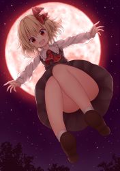 Rule 34 | 1girl, :d, absurdres, bare legs, black dress, blonde hair, blush, commentary request, convenient leg, dress, fang, from below, full body, full moon, hair between eyes, hair ribbon, happy, highres, knees together feet apart, legs, looking at viewer, medium hair, midair, moon, night, night sky, open mouth, outdoors, outstretched arms, red eyes, red moon, red neckwear, red ribbon, ribbon, rumia, shirt, sky, smile, solo, star (sky), starry sky, suigetsu (watermoon-910), thighs, touhou, upskirt, white shirt