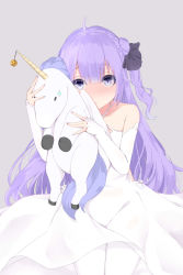 Rule 34 | 1girl, absurdres, ahoge, azur lane, blush, collarbone, commentary request, detached sleeves, hugging doll, dress, hair bun, hair ribbon, highres, long hair, looking at viewer, hugging object, one side up, purple eyes, purple hair, ribbon, sherryqq, simple background, single hair bun, solo, stuffed animal, stuffed toy, stuffed unicorn, stuffed winged unicorn, unicorn (azur lane), white background, white dress