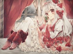 Rule 34 | 10s, 1girl, boots, bow, curtains, dress, food, food-themed clothes, frilled dress, frills, fruit, full body, gift, hair ornament, hairband, holding, holding gift, juliet sleeves, k-project, kushina anna, layered dress, lolita fashion, lolita hairband, long hair, long sleeves, looking at viewer, pantyhose, puffy sleeves, red bow, red dress, red eyes, red footwear, smile, solo, strawberry, tsukudato, white hair, white pantyhose, window