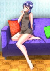 Rule 34 | 1girl, :3, artist name, artist request, bare legs, bare shoulders, barefoot, blowing kiss, blue hair, blush, breasts, brown eyes, checkered floor, couch, feet, female focus, floor, full body, grey skirt, hair between eyes, highres, indoors, long hair, looking at viewer, love live!, love live! school idol project, miniskirt, on couch, parted lips, pillow, plaid, plaid skirt, pleated, pleated skirt, sitting, skirt, sleeveless, small breasts, smile, solo, sonoda umi, sweater, sweater vest, turtleneck, turtleneck sweater, yellow eyes