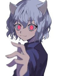 Rule 34 | 1other, :3, absurdres, animal ears, blue hair, cat ears, closed mouth, hair between eyes, highres, hunter x hunter, looking at viewer, neferpitou, red eyes, short hair, simple background, solo, tsukuno tsuki, upper body, white background