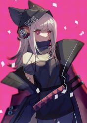 Rule 34 | 1girl, animal ears, arknights, beanie, belt, belt buckle, black skirt, blouse, blurry, blurry background, breasts, buckle, closed mouth, coat, confetti, detached collar, ears through headwear, female focus, fox ears, frostleaf (arknights), grey shirt, hat, head tilt, headphones, highres, looking at viewer, material growth, matsuoka (mtok 0), miniskirt, off-shoulder shirt, off shoulder, oripathy lesion (arknights), oversized clothes, pink background, red coat, red eyes, shaded face, shirt, sidelocks, skirt, solo, strap, white hair, zipper