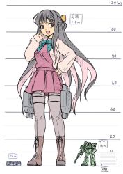Rule 34 | 1girl, black footwear, black hair, boots, bow, breasts, bus, cross-laced footwear, dress, fang, full body, giant, giantess, gundam, height chart, highres, kantai collection, lace-up boots, long hair, long sleeves, looking at viewer, medium breasts, mobile suit gundam, motor vehicle, multicolored hair, naganami (kancolle), open mouth, orange eyes, panicking, pantyhose, pink hair, pink pantyhose, purple dress, seo tatsuya, shirt, simple background, size difference, sketch, solo focus, standing, tongue, torpedo tubes, two-tone hair, very long hair, white background, white shirt, yellow bow, zaku ii