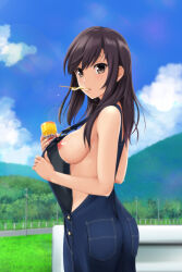 Rule 34 | 1girl, black hair, blue overalls, blue sky, breasts, brown eyes, cloud, commentary request, cowboy shot, day, from side, guard rail, highres, holding, ichijou hotaru, large breasts, long hair, looking to the side, mouth hold, naked overalls, nipples, non non biyori, nonaka ritsu, outdoors, overalls, presenting, road, sky, solo, sweat, swept bangs, utility pole