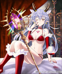 Rule 34 | 1girl, alcohol, animal ears, antlers, arm support, bed sheet, blue hair, bra, breasts, collarbone, cup, curtains, detached sleeves, drinking glass, earrings, gem, hair between eyes, hand on own face, horns, jewelry, kuroi nyan, large breasts, long hair, looking at viewer, nail polish, navel, official art, one eye closed, pointy ears, red legwear, senjou no electro girl, sitting, solo, staff, star (symbol), underwear, wine, wine glass, yellow eyes