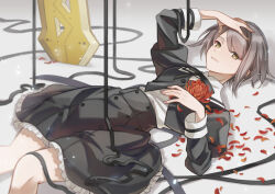 Rule 34 | 1girl, arm up, assault lily, black ribbon, black skirt, buttons, commentary, cropped jacket, feet out of frame, fingernails, flower, frilled skirt, frills, gradient background, grey background, grey hair, grin, hand on own chest, hand on own head, hand up, high-waist skirt, highres, juliet sleeves, kawazoe misuzu, knee up, light particles, long sleeves, looking at viewer, lying, miniskirt, neck ribbon, on back, parted lips, petals, planted, planted sword, planted weapon, puffy sleeves, red flower, ribbon, school uniform, shadow, shirt, short hair, skirt, smile, solo, swept bangs, sword, tareko, weapon, white shirt, yellow eyes, yurigaoka girls academy school uniform