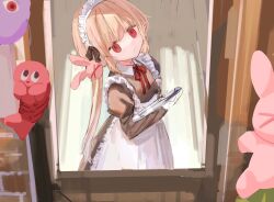 Rule 34 | 1girl, alternate costume, apron, blonde hair, brown dress, chimoshi (hitsuji tonakai), commentary request, dress, enmaided, frilled apron, frills, hair ribbon, highres, holding, holding tray, indoors, juliet sleeves, long hair, long sleeves, looking at viewer, maid, maid apron, maid headdress, mirror, natori sana, neck ribbon, puffy sleeves, red eyes, red ribbon, ribbon, sana channel, shrimp, solo, standing, stuffed animal, stuffed rabbit, stuffed toy, tray, twintails, virtual youtuber, white apron