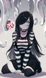 Rule 34 | 1girl, aria wintermint, black hair, black skirt, black thighhighs, blush, boots, box, breasts, choker, green eyes, heart-shaped box, highres, large breasts, long hair, looking to the side, original, parororo, shirt, sitting, skirt, striped clothes, striped shirt, striped sweater, sweater, tentacles, the crawling city, thighhighs