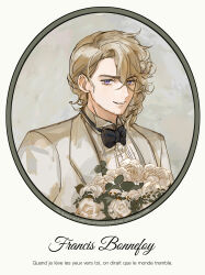 1boy absurdres axis_powers_hetalia blonde_hair bouquet bow bowtie cubed_(houkuaid) facial_hair flower france_(hetalia) goatee_stubble highres jacket looking_at_viewer male_focus medium_hair purple_eyes rose shirt smile solo stubble upper_body wavy_hair white_flower white_jacket white_rose white_shirt