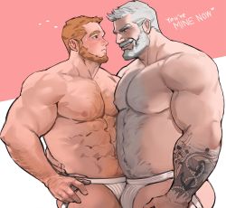 Rule 34 | 2boys, abs, ass, bara, beard, blush, brown hair, bulge, chest hair, dopey (dopq), english text, facial hair, hairy, highres, jockstrap, large pectorals, looking at another, male focus, male underwear, multiple boys, muscular, navel, navel hair, nipples, old, old man, original, pectorals, short hair, simple background, tattoo, thick thighs, thighs, underwear, underwear only, white hair, yaoi