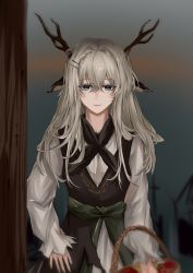Rule 34 | 14su, 1girl, absurdres, alina (arknights), animal ears, antlers, apple, arknights, basket, black dress, black neckerchief, blue eyes, chinese commentary, clothes around waist, commentary request, deer antlers, deer ears, deer girl, dress, food, fruit, grey hair, hair between eyes, hair ornament, highres, holding, holding basket, horns, long hair, looking at viewer, neckerchief, shirt, shirt around waist, solo, straight-on, upper body