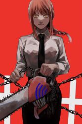 Rule 34 | 1boy, 1girl, absurdres, black necktie, braid, braided ponytail, chain, chainsaw, chainsaw man, collared shirt, denji (chainsaw man), highres, holding, holding chainsaw, holding weapon, looking at viewer, makima (chainsaw man), medium hair, nakano (2 mannaka), necktie, red background, red hair, ringed eyes, severed head, sharp teeth, shirt, shirt tucked in, sidelocks, simple background, smile, teeth, tombstone, tongue, tongue out, weapon, white shirt, yellow eyes