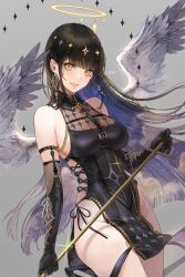 Rule 34 | + +, 1girl, angel wings, bare shoulders, black dress, black gloves, black hair, breasts, cleavage, colored inner hair, cowboy shot, dress, earrings, elbow gloves, feathered wings, glint, gloves, grin, halo, highres, holding, hoop earrings, jewelry, kim eb, large breasts, long hair, looking at viewer, multicolored hair, no panties, original, pelvic curtain, see-through, see-through cleavage, side-tie dress, sideless outfit, sleeveless, sleeveless dress, smile, solo, standing, thighs, very long hair, wing collar, wings, yellow eyes