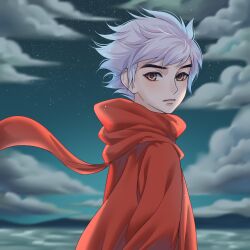 Rule 34 | 1boy, blurry, blurry background, cloud, coat, dayu haitang, from side, highres, kumu zaisheng, looking at viewer, looking to the side, male focus, mountainous horizon, night, night sky, outdoors, parted lips, qiu (da yu hai tang), red coat, red scarf, scarf, short hair, sky, solo, star (sky), starry sky, upper body, water, white hair, wind, yellow eyes