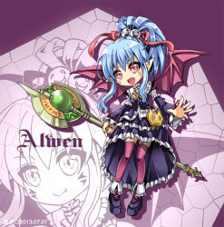 Rule 34 | 10s, 1girl, 2013, :d, alwen du moonbria, bat wings, black footwear, black skirt, blue hair, bow, character name, chibi, dated, facial mark, frills, full body, hair bow, kai (pixiv), mosaic background, no nose, open mouth, pointy ears, ponytail, purple background, purple thighhighs, red bow, red eyes, shoes, short hair, sidelocks, skirt, smile, solo, staff, standing, tattoo, thighhighs, wings, zoom layer, zwei!!, zwei 2