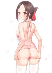 Rule 34 | 1girl, ass, backboob, backless outfit, bare arms, bare shoulders, blush, breasts, brown hair, brown sweater, c8oyk, commentary, folded ponytail, from behind, hair ribbon, hands on own ass, kaguya-sama wa kokurasetai ~tensai-tachi no renai zunousen~, looking at viewer, medium breasts, meme attire, naked sweater, no bra, no panties, open mouth, parted bangs, red eyes, red ribbon, ribbon, shinomiya kaguya, short hair, skindentation, solo, standing, sweater, thighhighs, virgin killer sweater, white thighhighs